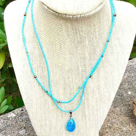 Sterling Double Strand Blue Bead and Briolette Necklace, 16'' - Picture 1 of 1